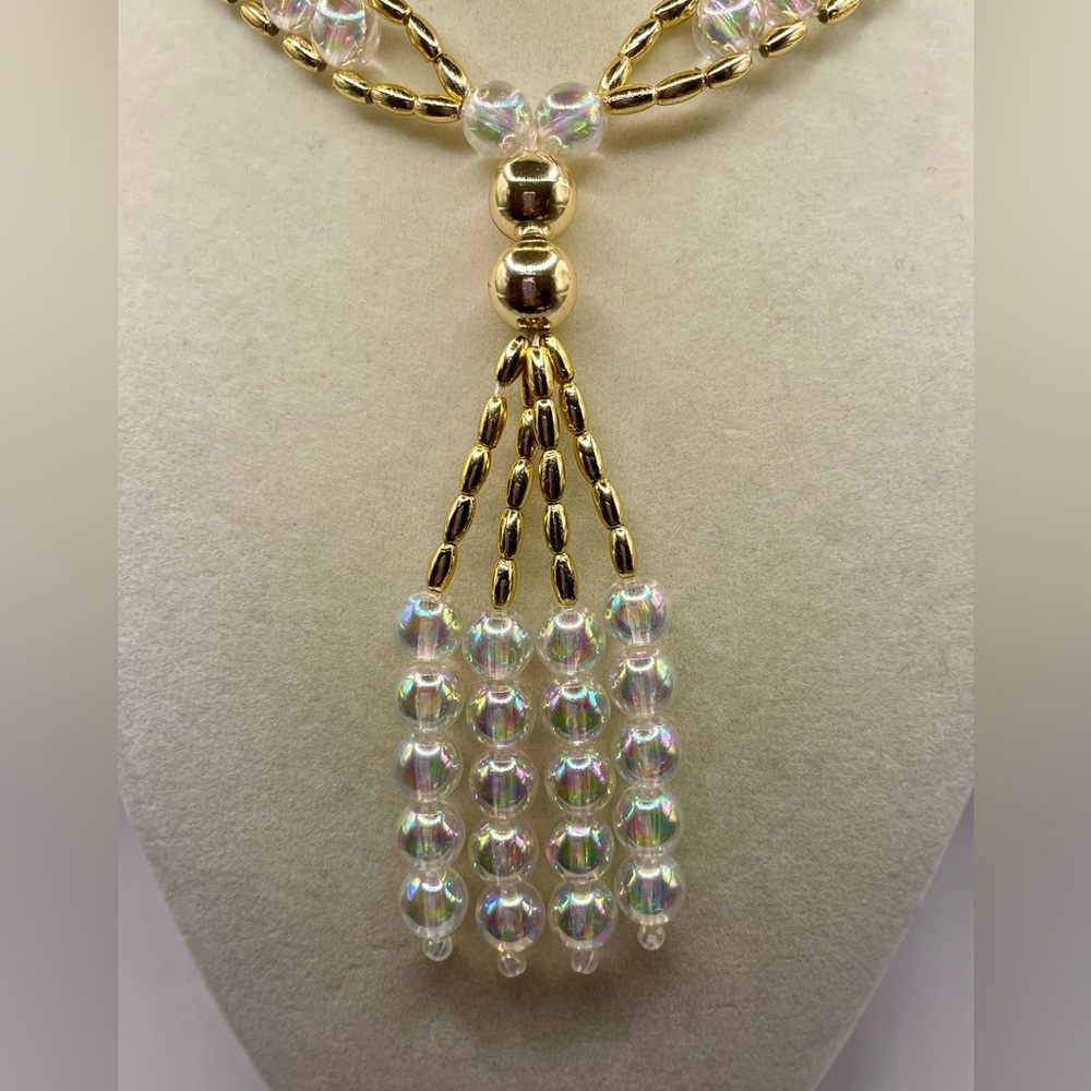 Crystal AB beads and gold lucite beads tassel necklace - Picture 2 of 4